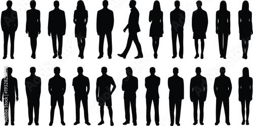 People silhouette icon set with standing and walking male and female figures for business concepts, social scenes, workforce diversity, presentations, and modern professional graphic design use