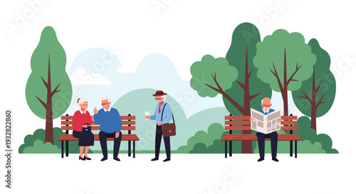 Group of elderly people enjoying their time in a public park by sitting on benches, talking, and reading newspapers.