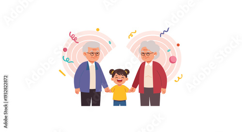 Cheerful grandparents holding hands with their young granddaughter in a heartwarming scene of family love and celebration.