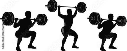 Weightlifting athlete performing barbell squat and overhead press, strength training workout silhouette bodybuilder fitness vector illustration isolated