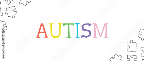 Hand drawn autism banner with puzzle pieces elements. Autism awareness day. Children mental health disorder. Hand drawn vector sketch illustration in vintage doodle crayon charcoal style