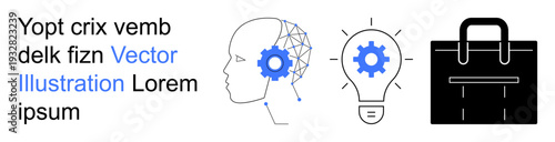 Artificial intelligence, innovation, business strategy, creative thinking, problem-solving, professional development. Human head with network, lightbulb with gear briefcase icon. AI and innovation