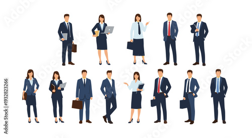Large collection of diverse business people characters in professional office attire standing in different poses for corporate team representations.