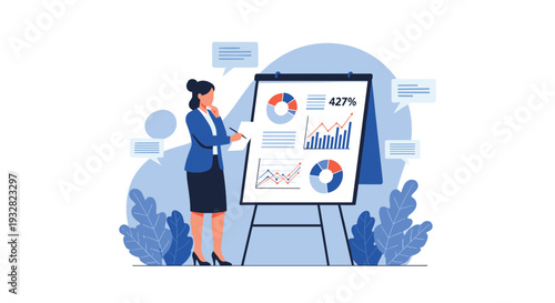 Business woman standing next to a flipchart presenting financial data with pie charts and line graphs during a corporate strategy meeting session.