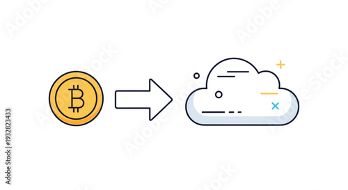 Cryptocurrency concept illustration showing a bitcoin gold coin with an arrow pointing towards a cloud symbolizing online storage or digital mining.