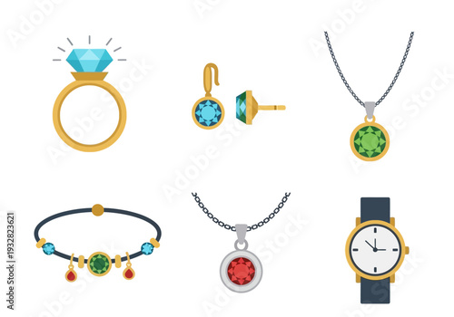Assorted jewelry items including rings earrings necklaces bracelets and watches with gemstones on a white background viewed from directly above