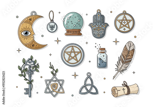 Mystical symbols and talismans arranged in a decorative pattern on a white background, viewed from directly above.