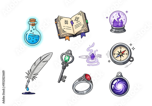 Mystical objects and magical artifacts arranged in a grid, viewed from directly above, featuring potions, keys, and ornaments