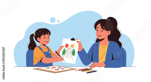 Happy young girl showing her colorful landscape drawing to a smiling female teacher during a creative art lesson in a bright classroom environment.