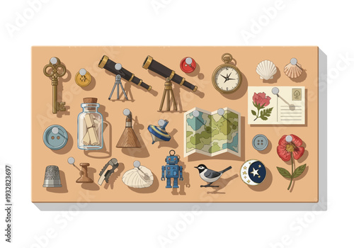 A collection of adventure-themed objects arranged on a wooden surface viewed from directly above