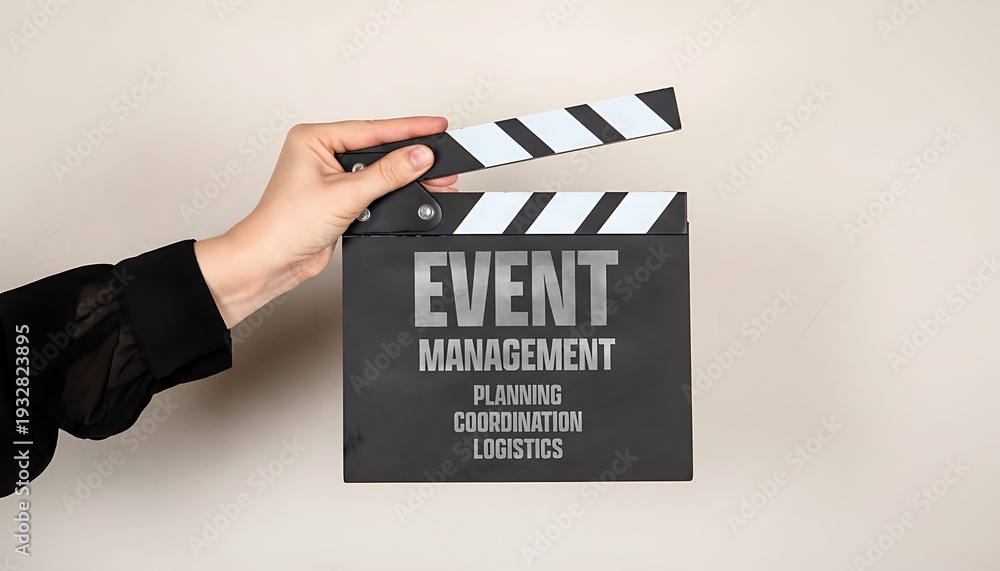 Obraz premium Clapperboard event management with planning, coordination and logistics text, held by a hand on a neutral studio background.