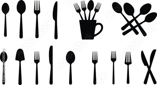 Black cutlery silhouettes collection featuring spoons, forks, knives and utensil holder isolated on white background, minimalist kitchen icons set for restaurant menu design