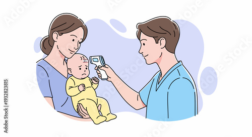 Medical Professional Examining Baby's Ear with Otoscope in Clinical Setting - Healthcare Illustration