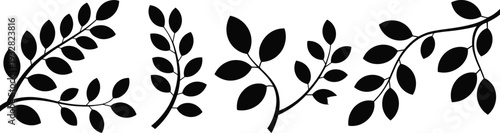 Black leafy branch silhouettes collection isolated on white background, minimalist botanical foliage set for nature illustration, logo design, wedding invitations and wall decor