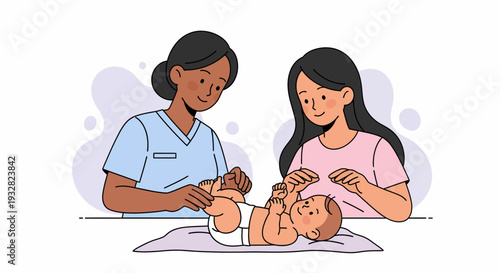Healthcare Medical Professionals and Caregiver Nurturing Baby in Cartoon Illustration Setting