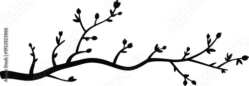Black silhouette of a budding tree branch with natural curves and emerging leaves, symbolizing spring growth, minimalist design, and artistic botanical illustration for creative projects