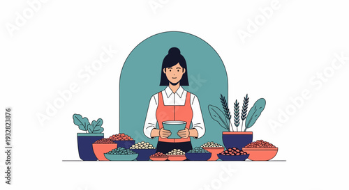Cartoon Illustration of Woman in Orange Apron with Plants, Healthcare and Medical Food Arrangement in Teal Kitchen Setting