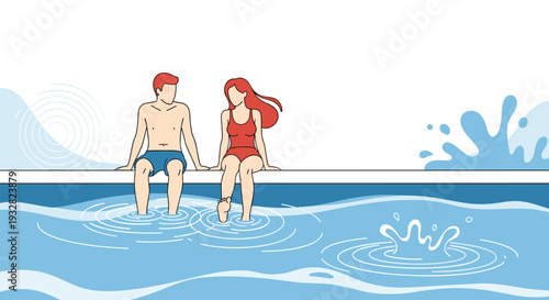 Relaxed young couple in swimwear sitting on the edge of a swimming pool with their feet in the water and enjoying a sunny summer vacation.