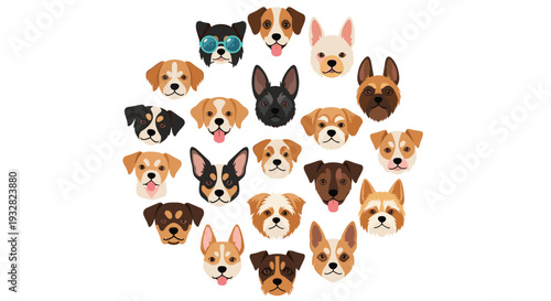 Charming collection of various dog breed faces arranged in a circle including pugs, retrievers, and terriers for pet related design themes.