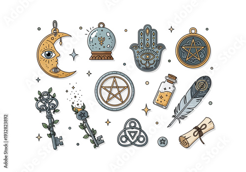 A collection of mystical symbols and talismans, including crystals, tarot cards, and astrological signs, arranged in a circular pattern on a white background, viewed from directly above.