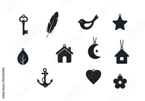 Collection of simple black icons representing various symbols and objects on a plain white background viewed from a straightforward perspective