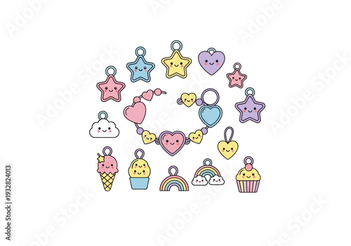A vibrant collection of whimsical charms arranged in a heart shape, featuring desserts, stars, and rainbow