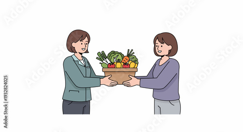 Two Women Exchanging a Basket of Fresh Vegetables for Healthcare and Mutual Support in a Neutral Setting