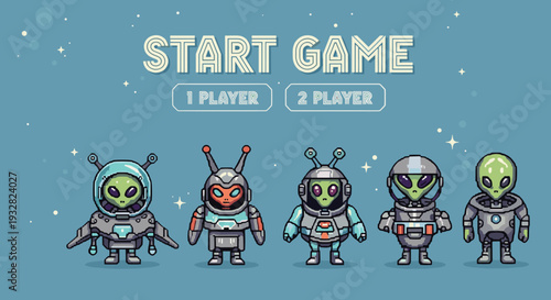 Collection of five unique alien characters in spacesuits designed in a retro pixel art style for a video game start screen interface layout.