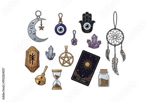 A collection of mystical objects, including crystals, talismans, and symbolic artifacts, arranged on a neutral background from a straightforward viewpoint