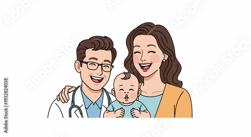 Doctor Supporting Mother and Baby During Healthcare Medical Check-Up Cartoon Illustration
