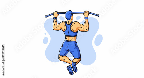 Cartoon Muscular Man Performing Dynamic Pull-Up with Blue Sports Gear, Defined Muscles, and Athletic Pose