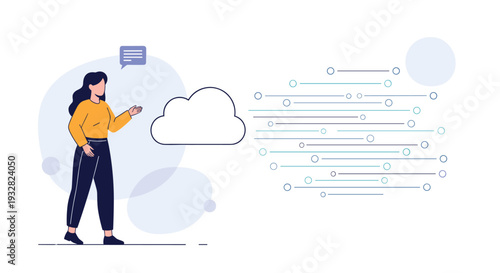 Modern woman interacting with a digital cloud storage system represented by floating data lines and a speech bubble in a clean workspace.