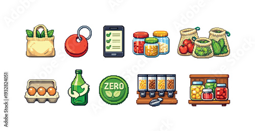 Eco-friendly shopping icon set. Sustainability, zero waste icons in pixel art style