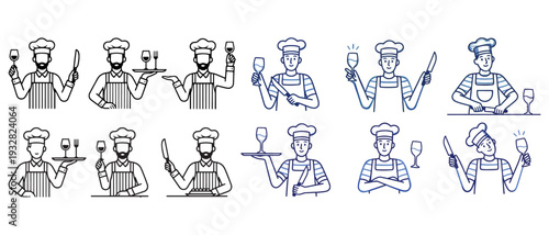 Chefs in various poses with wine glasses and utensils