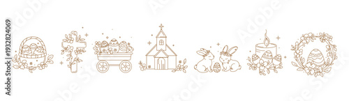 Minimalist Easter elements set with bunny, rabbit, decorated eggs, church cross, wreath, holiday elements in outline style for greeting cards, prints, stickers, icons, invitations, branding. Vector