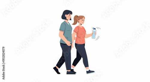Healthcare and Medical Cartoon Illustration of Two Walking Persons, One in Teal, the Other with Salmon Shirt, Holding a Water Bottle