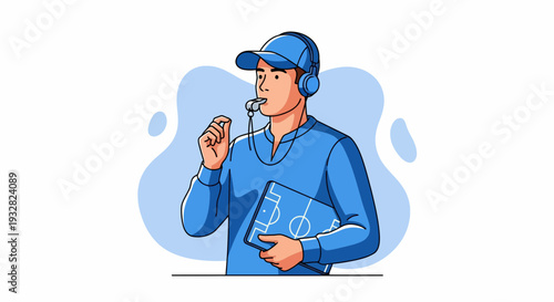 Healthcare and Medical sports official man in blue uniform with headset, clipboard, and whistle stands ready to make a decision on the field