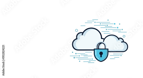 Digital security concept featuring a locked padlock placed in front of two white clouds and floating data lines representing safe online storage.
