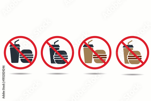 No eating prohibited warning icon set.