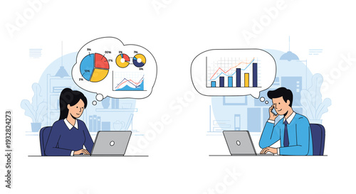Man and woman working on their laptops in separate locations and thinking about different business growth data and financial statistics charts.