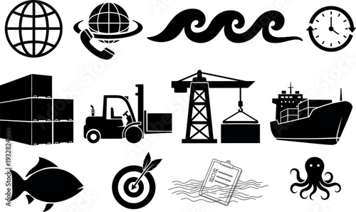 Silhouettes of various objects including transportation sea creatures and oil industry equipment