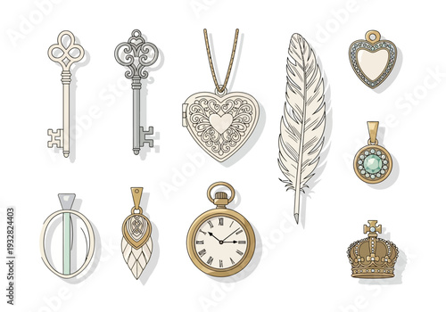 Vintage treasures and symbolic icons displayed together in a curated collection of antique jewelry and accessories showcasing ornate designs