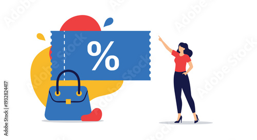 Stylish woman pointing towards a large blue percentage discount ticket next to a fashionable handbag representing retail shopping deals and offers.
