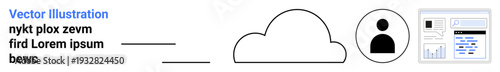 Data security, cloud services, user management, analytics, technology interface, digital systems. Cloud graphic with icons for user and analytics. Data security and cloud services