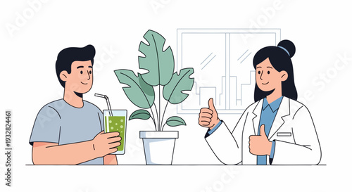 Healthcare illustration of a man and woman with a green drink and thumbs-up between potted plants in a medical setting