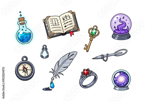 Mystical objects arranged on a white surface, viewed from directly above, featuring magical tools and accessories