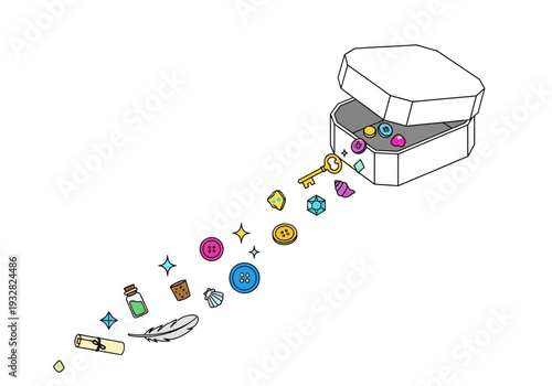 Illustration of treasure spilling from an open chest, showcasing various jewels and artifacts, viewed from above in a minimalist style