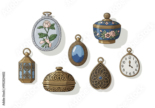 Collection of ornate antique pendants and pocket watch displayed on a plain white surface from a frontal viewpoint