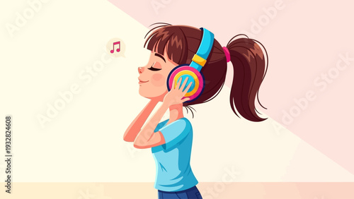 Young girl with headphones enjoying music