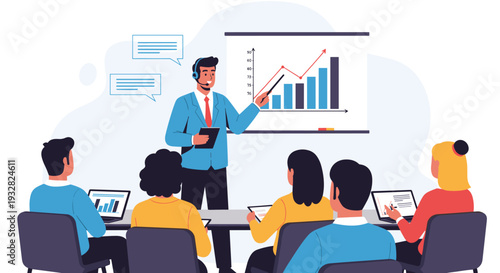 Business professional giving a data presentation with a bar chart and upward arrow to a group of engaged listeners.